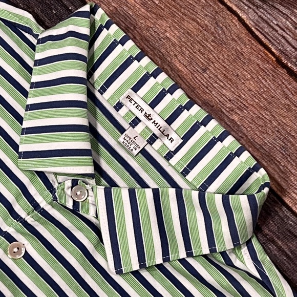 Peter Miller Polo Golf Golfer Green Striped Tennis Preppy Shirt - Picture 3 of 5